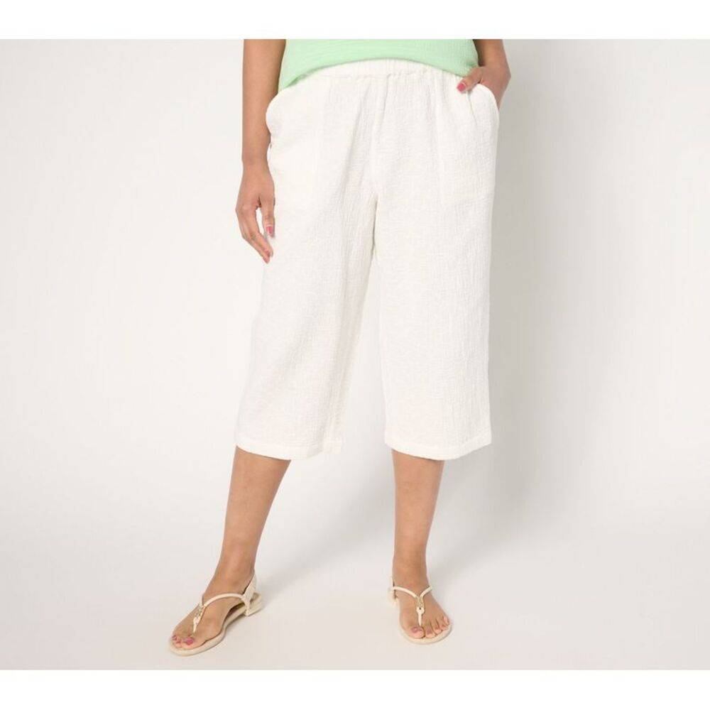 Denim & Co. Women's Pants Sz XS Beach Cotton Gauze Capri Pant White A689806